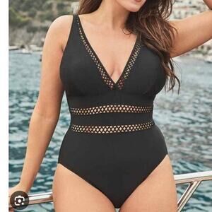 Swimsuits For All Women's Black Lattice Plunge One Piece One Piece 18
